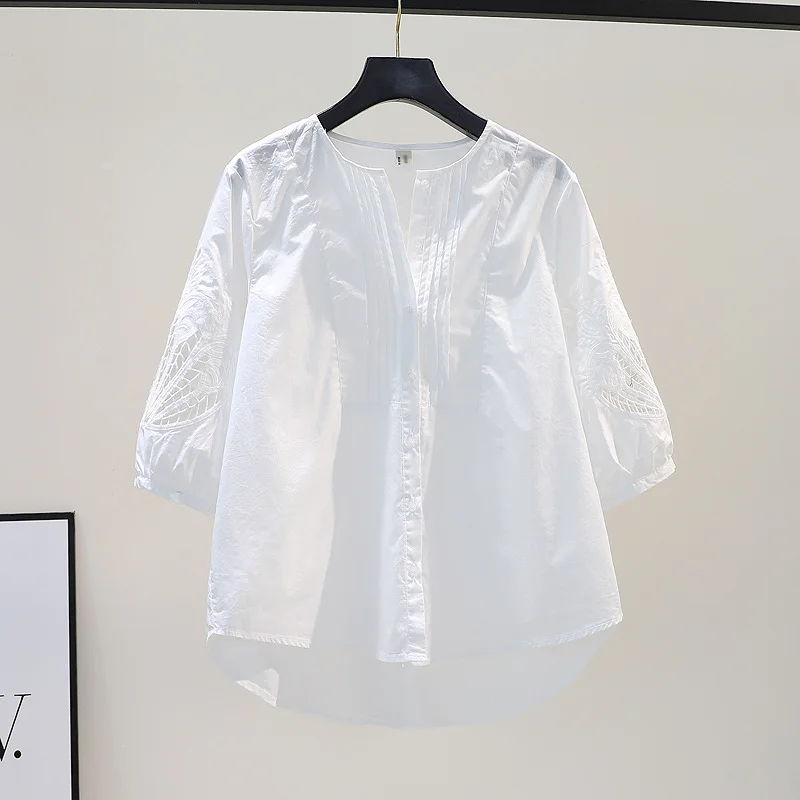 Uveng Uveng Embroidered Seven-Sleeved White Cotton Shirt Women Loose Thin Shirt 2025 Summer Korean Version Of The Top