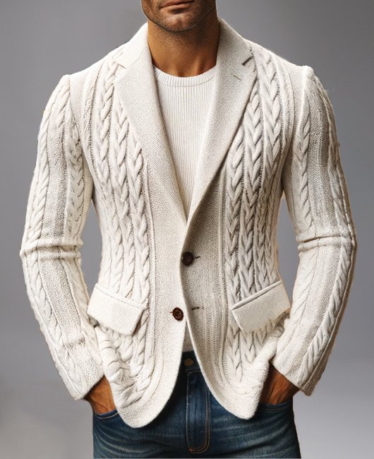 Okaywear Notched Lapel Two Button Cable Knitted Jacket