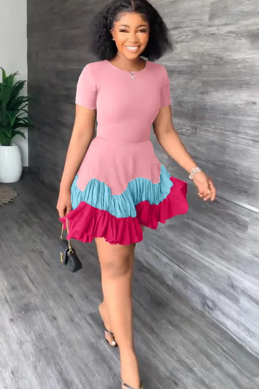 Summer Short Sleeve Colorblock Ruffle Mini Dresses