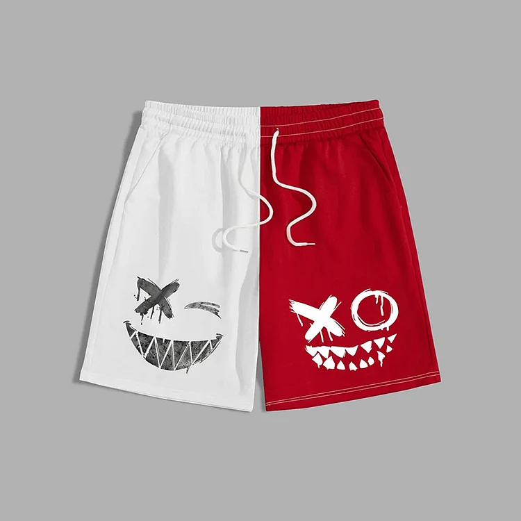 Street Color Matching Sports Drawstrings Shorts With Evil Face Print Shorts at Hiphopee