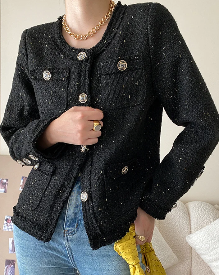 Women's Pocket Colorful  Gold Buttons Tweed Jacket - 01