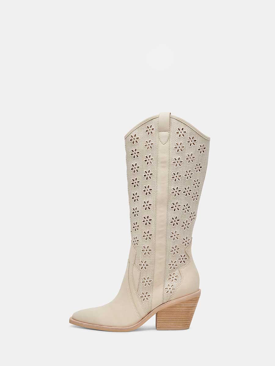 Ivory Textile Vegan Leather Lining Floral Embroidered Wide Calf Knee High Cowgirl Boots 