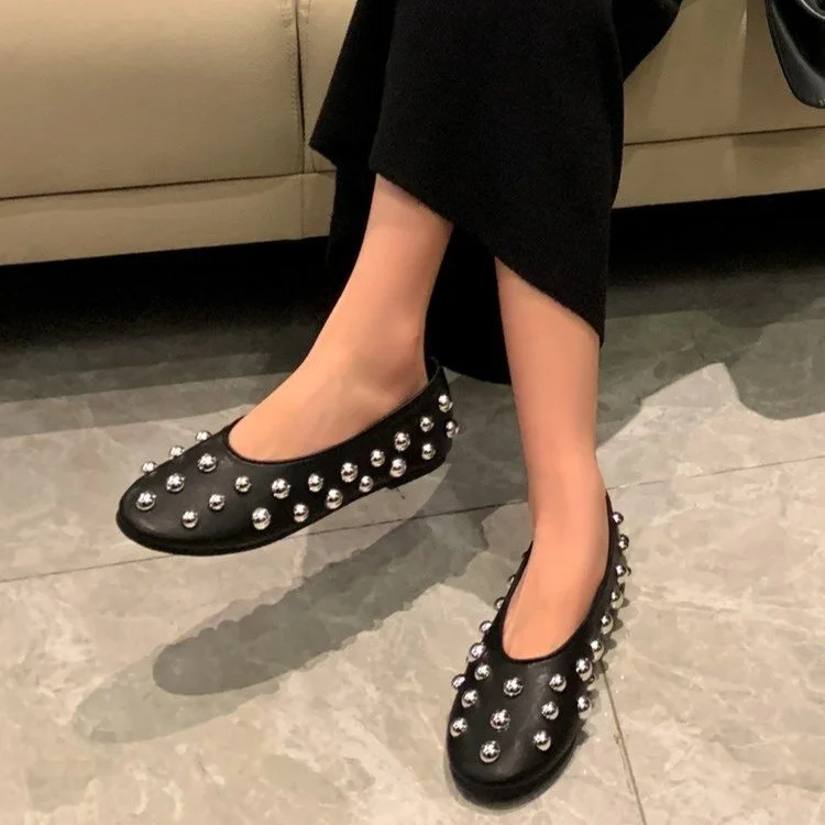 Yyvonne New Women's Shoes Black Rivet Decoration Flat Shoes Shallow Comfortable Sleeve Lazy Single Shoes