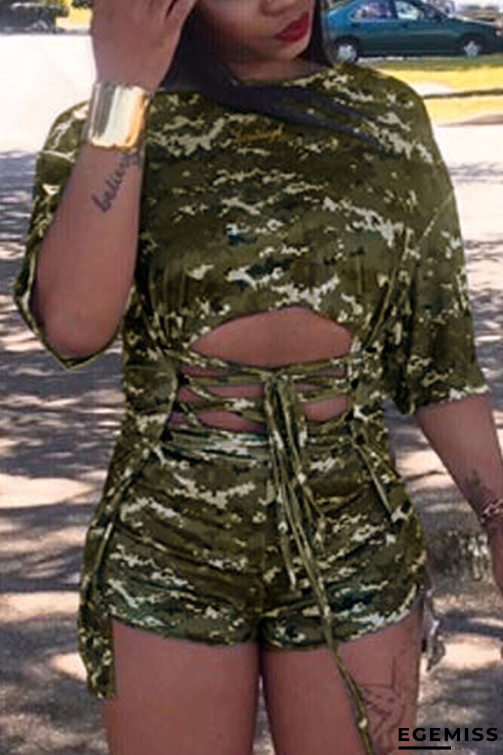 Camouflage Milk Silk Sexy Patchwork Camouflage Two Piece Suits Straight Half Sleeve | EGEMISS