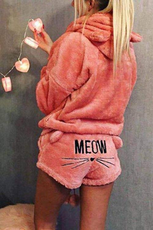 Casual Hooded Cat Embroidered Pajama Set - Shop Trendy Women's Clothing | LoverChic