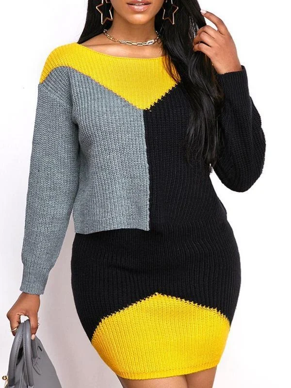Women's Colorblock Stitching Casual Knit Round Collar  Long Sleeves Midi Dress
