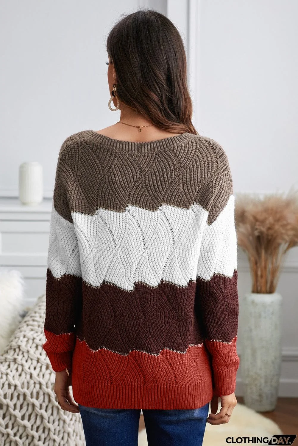 Women's Brown Colorblock V Neck Textured Knit Sweater