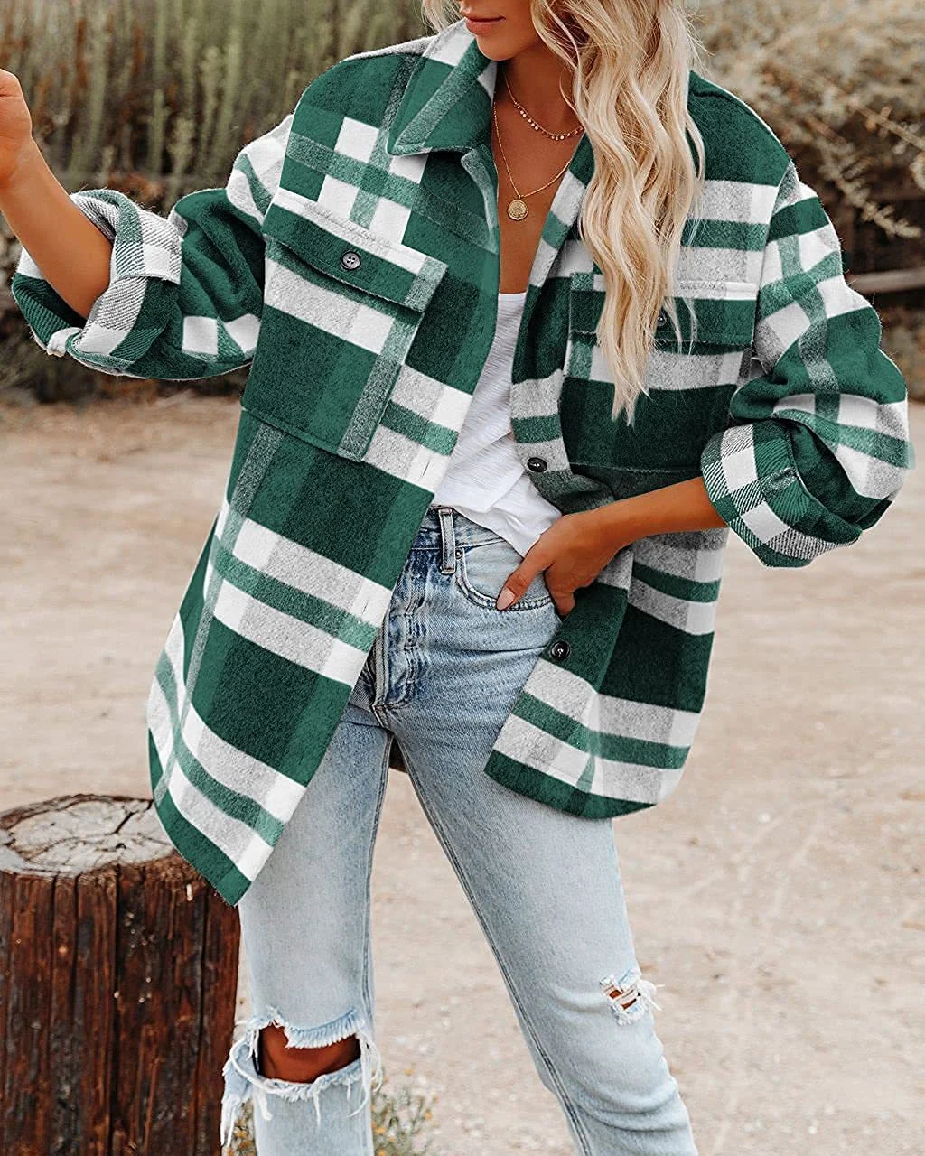 Long Sleeve Loose Plaid Tweed Shirt