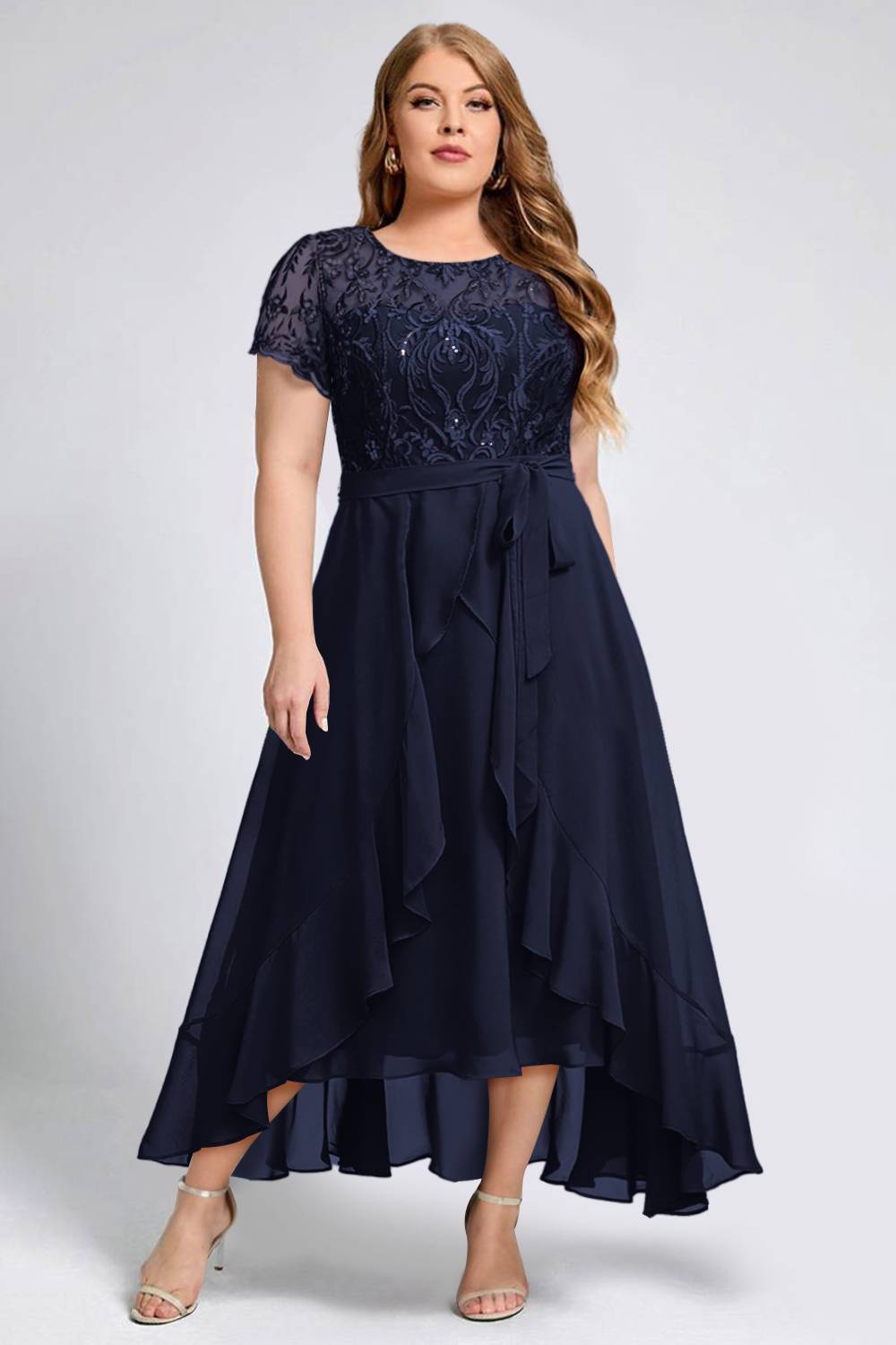 Flycurvy Plus Size Christmas Navy Blue Chiffon Sequined Lace Irregular Hem Maxi Dress