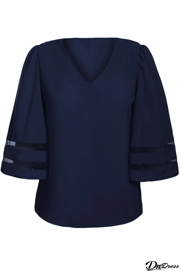 Navy Blue Flare Sleeve V Neck Loose Women's Chiffon Blouse