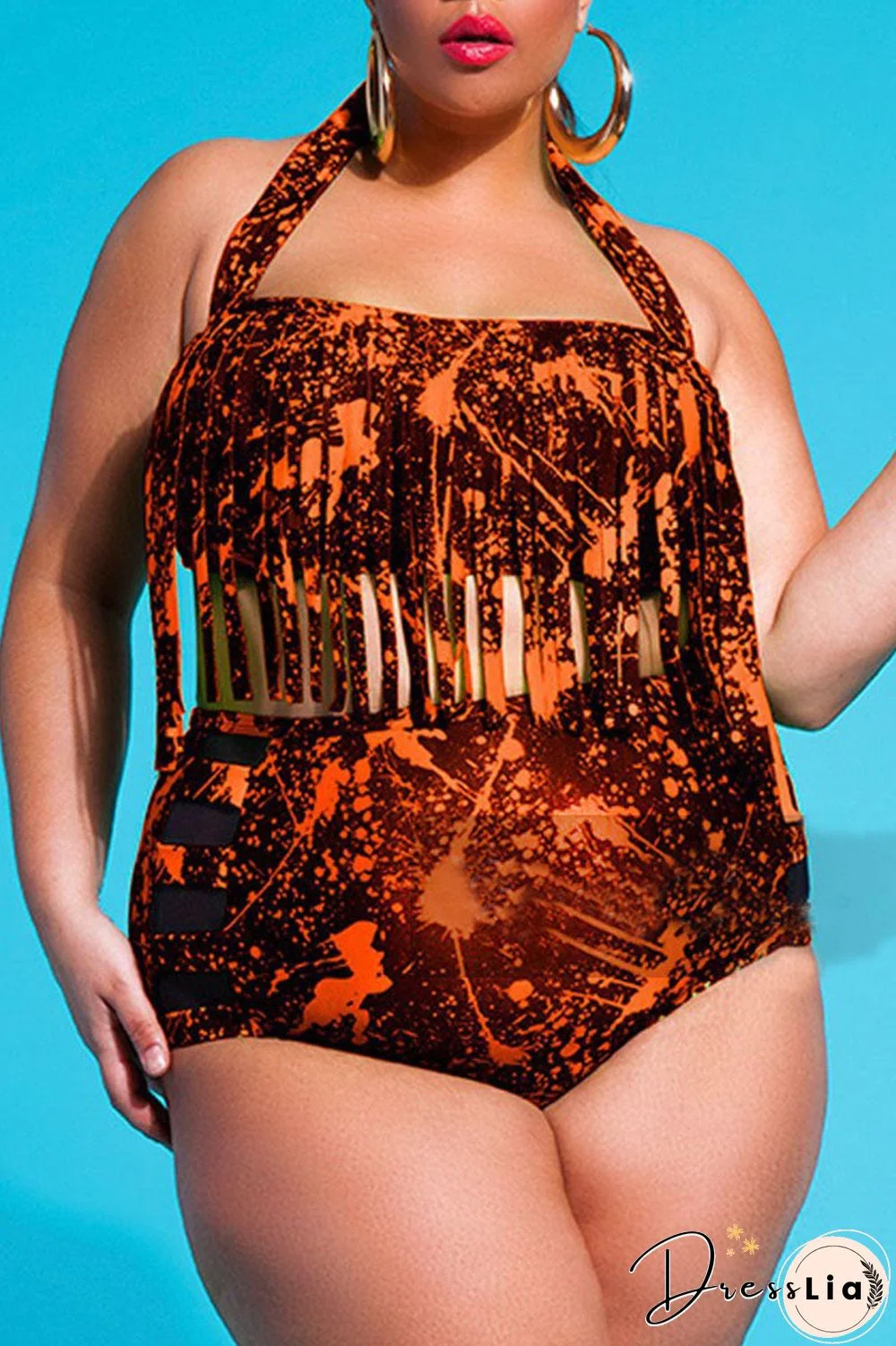 Sexy Print Tassel Split Joint Halter Plus Size Swimwear