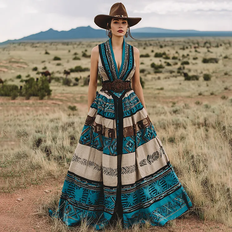 Women's Western Geometric Print V-neck Sleeveless Maxi Dress