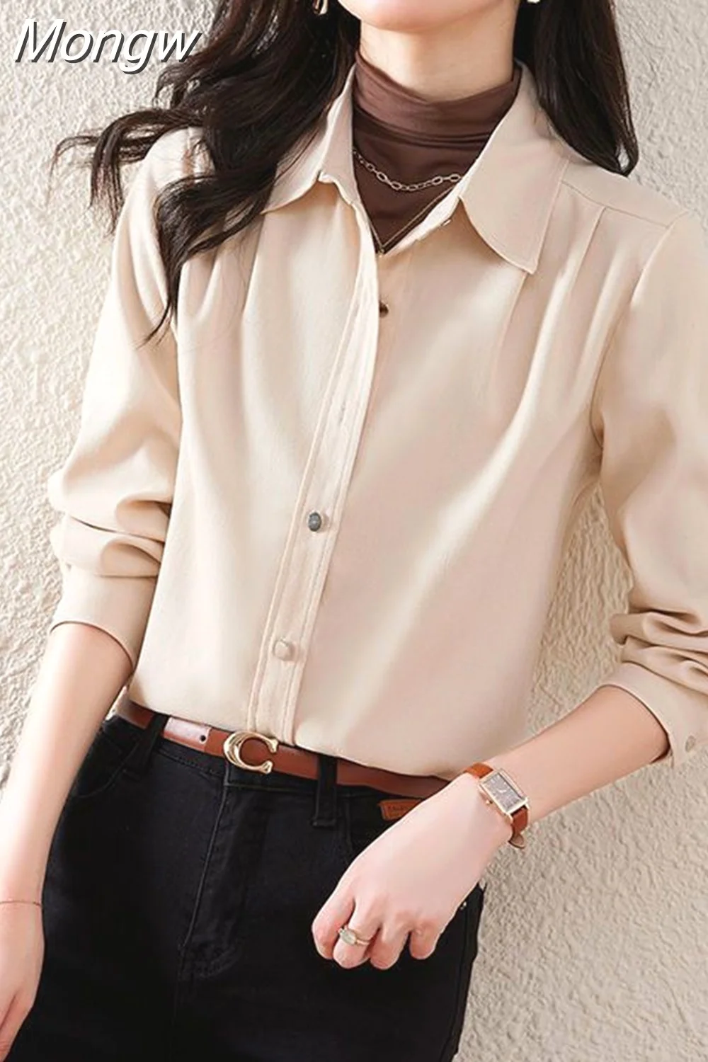 Mongw Lapel Button Solid Color All-match Shirt Women's Clothing 2023 Autumn New Loose Casual Tops Office Lady Blouse 703-1