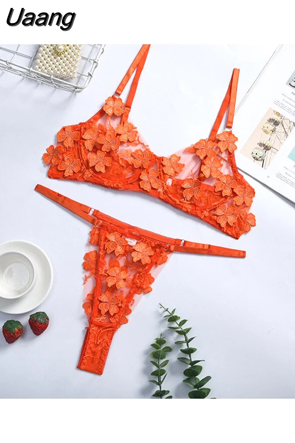 Uaang Sensual Lingerie Set Women 3d Flower Embroidery Underwear Set Ladies Sexy Lace Intimate 7880