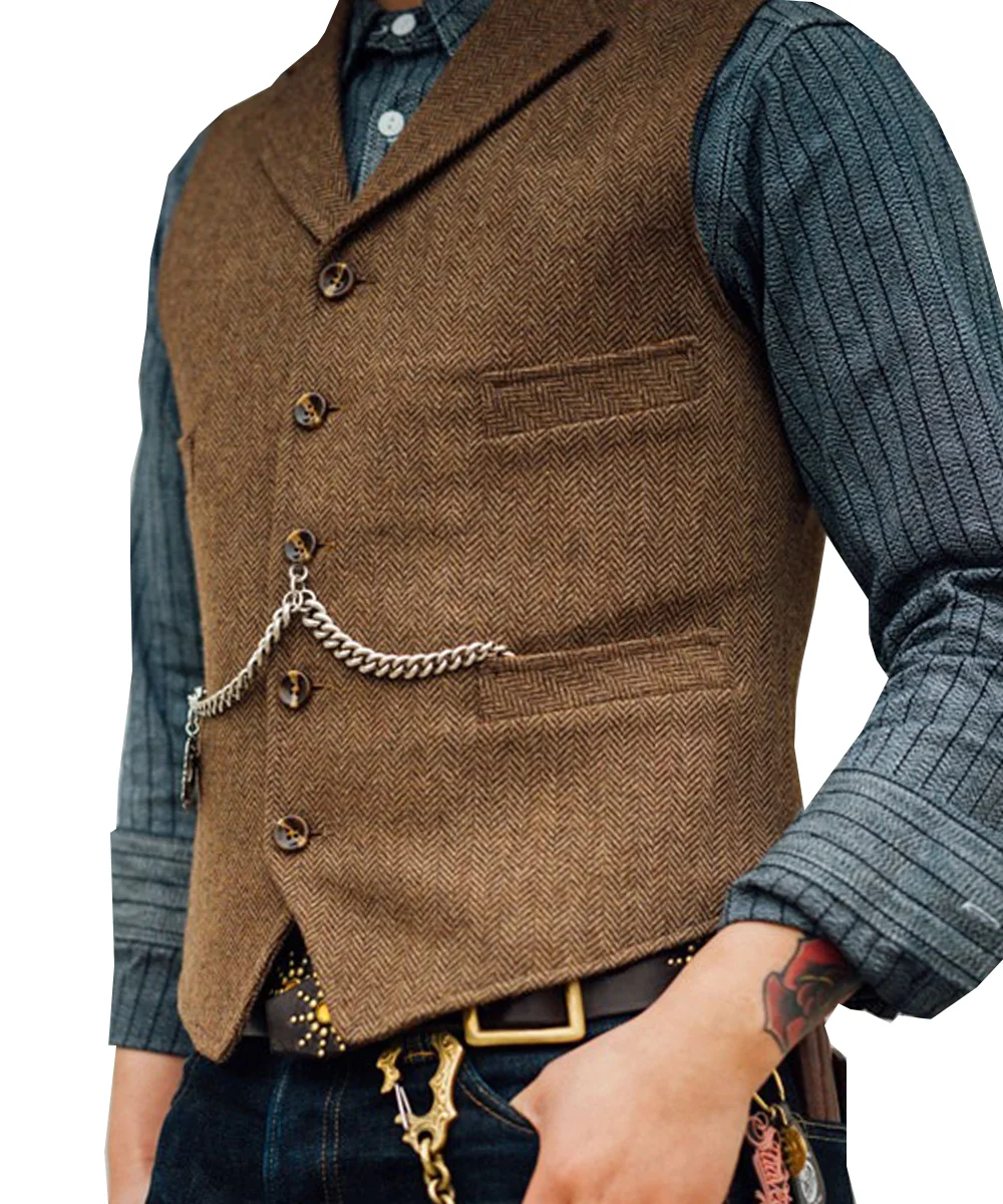 Men's Lapel V Neck Wool Herringbone Casual Waistcoat Formal Groomsman Business Suit Vest For Wedding