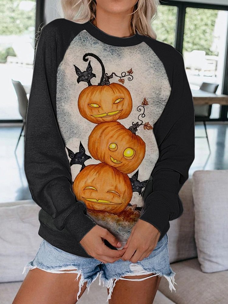 Halloween Pumpkin Cat Print Long Sleeve Sweatshirt