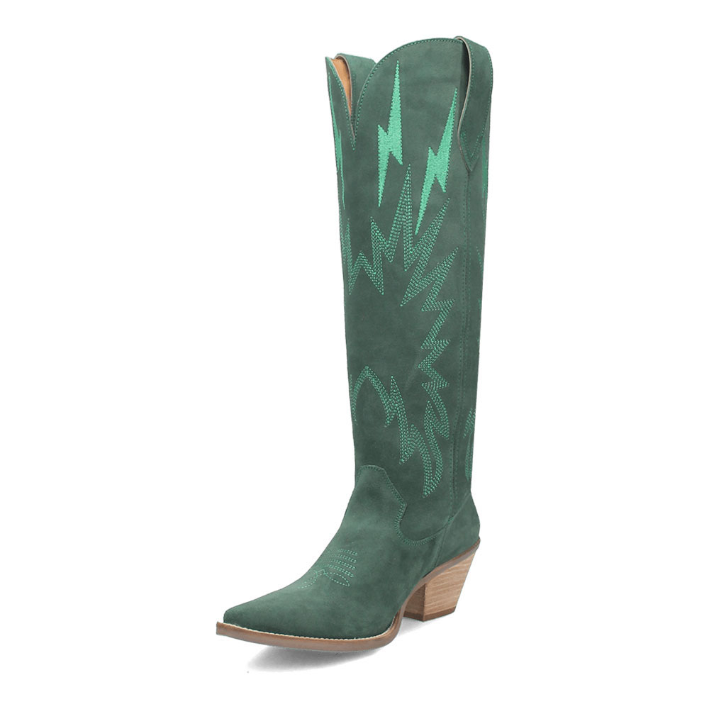 Snip Toe Block Heel Lightening Inlay Knee High Cowgirl Boots in Green