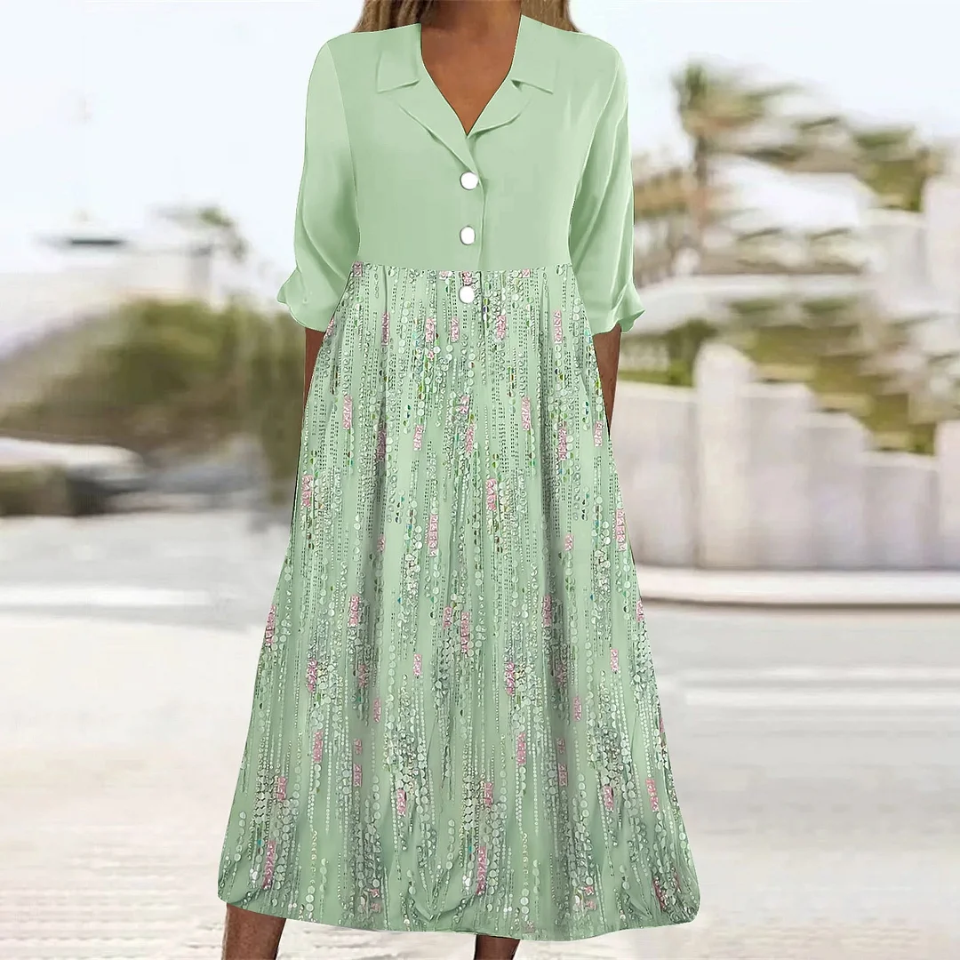Women Casual Loose Dress with Pockets in Pattern Floral, Green, Glitter