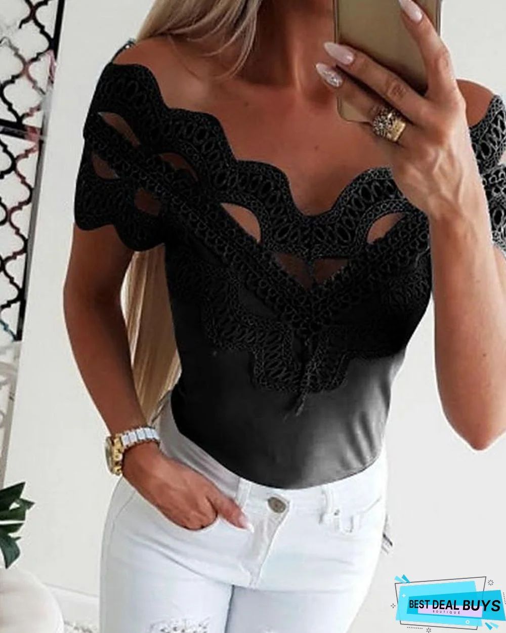Women's T-Shirt Solid Colored Lace Fashion Off Shoulder Off Shoulder Tops Basic Top White Black Blue-0207801