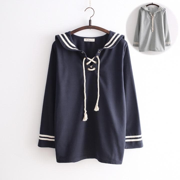 Grey/Navy Kawaii Sailor Collar Long- Sleeve Pullover Shirt SP165115