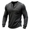 Men's Vintage Dark Gray Pocket Henley Long-Sleeve T-Shirt by Inlyline