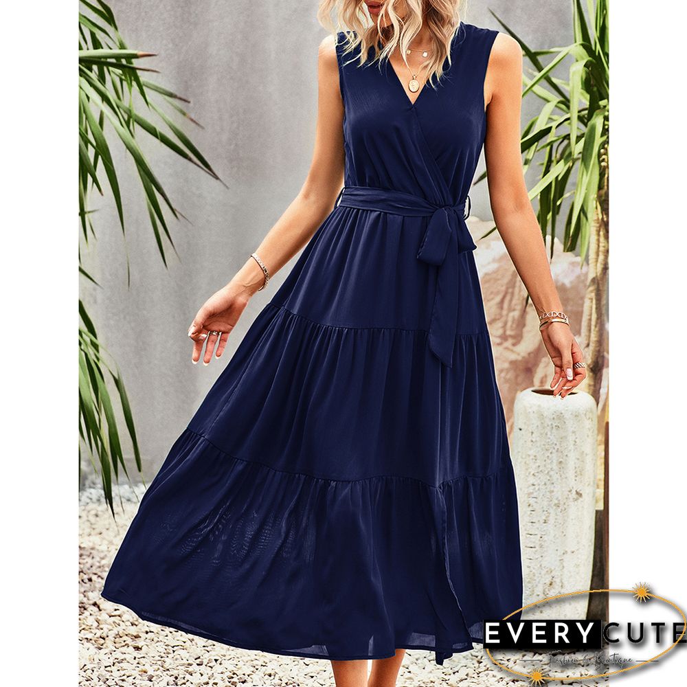 Navy Blue V Neck Sleeveless Tie Waist Midi Dress