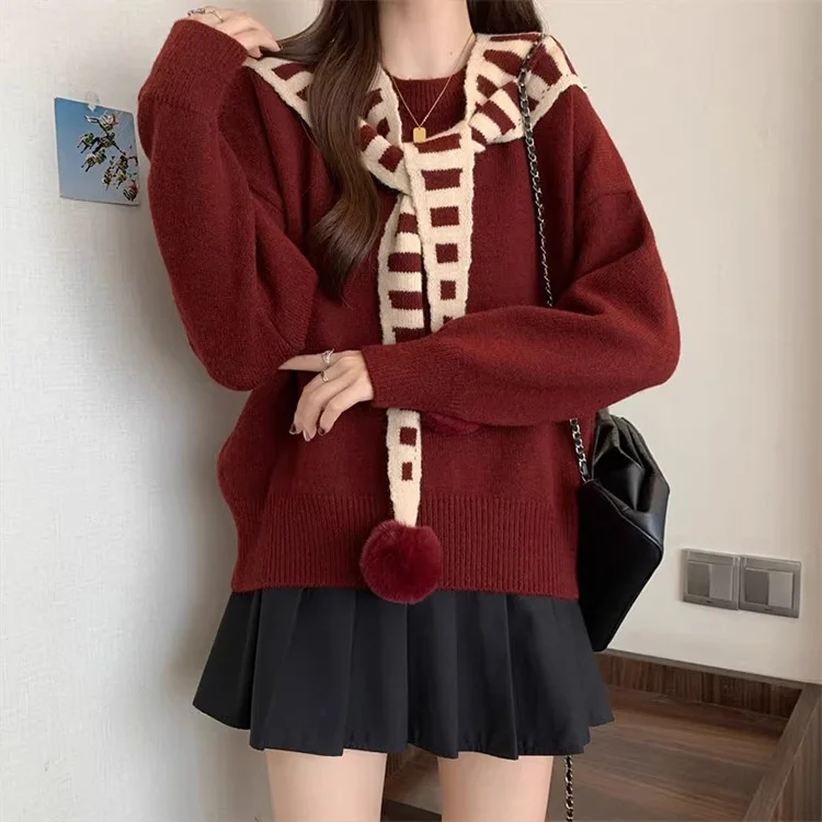 Athvotar Athvotar Two Striped Shawl Knitted Jersey Anola Red Sweater Women's Autumn And Winter Loose Knitted Top