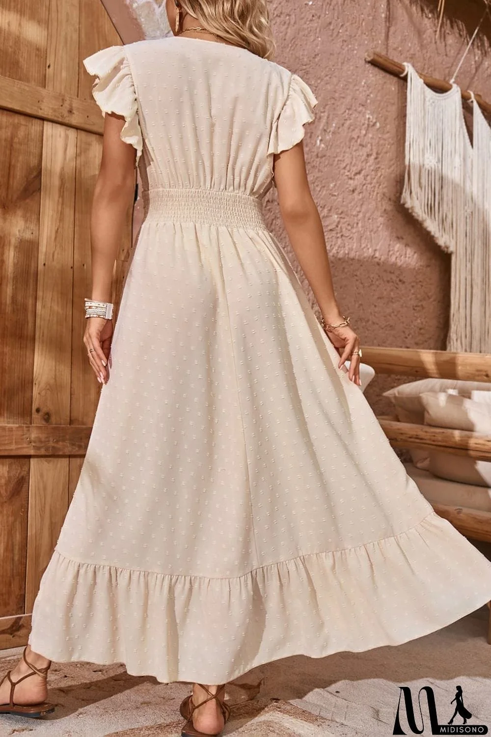 MidiSono - Swiss Dot V-Neck Flutter Sleeve Dress