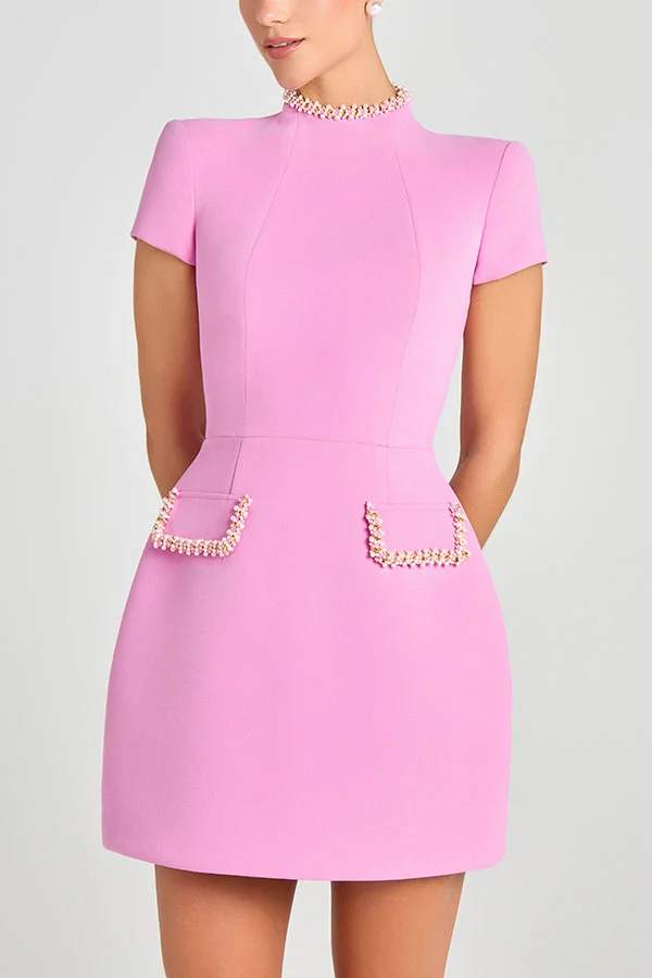 Sweet and Elegant Scent Pearl Trim Short Sleeve Pocketed Mini Dress