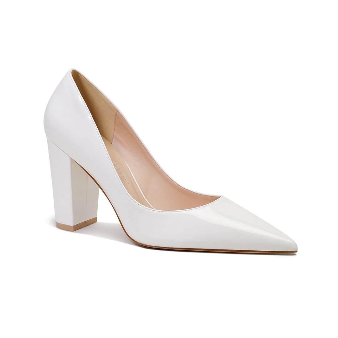 3.5" Women's Chunky Heels  Shoes Comfortable Middle Block Heel Patent Pumps-MERUMOTE