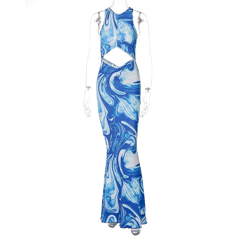 Dulzura Tie Dye Women Hollow Out Midi Dress Ruched Sleeveless Bodycon Backless Sexy Streetwear Party Club Elegant 2021 Summer