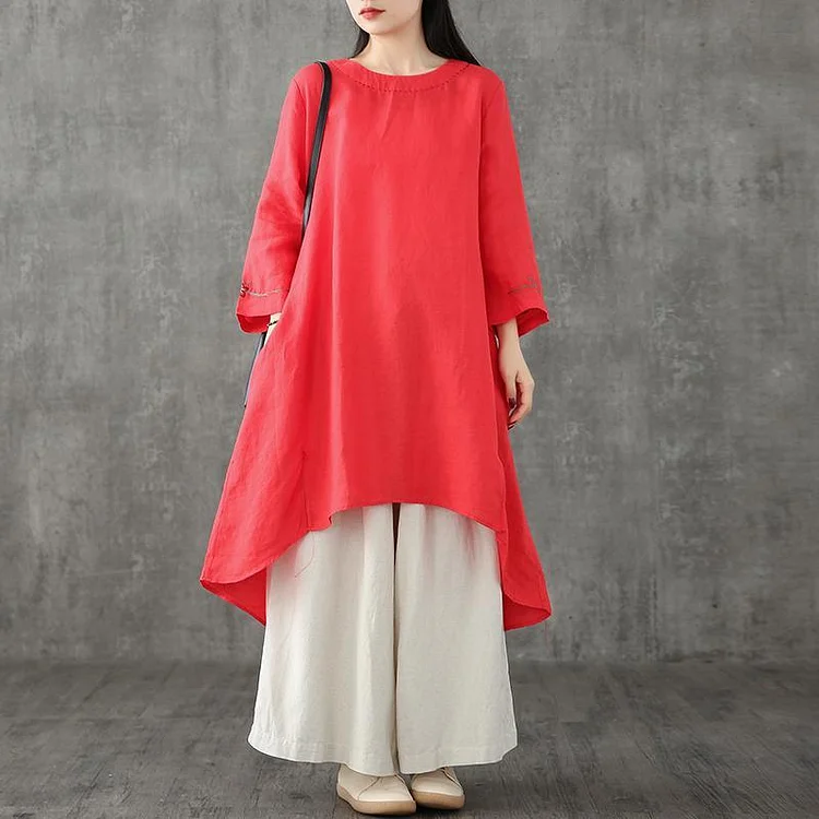 Women red linen dress o neck patchwork linen robes summer Dresses