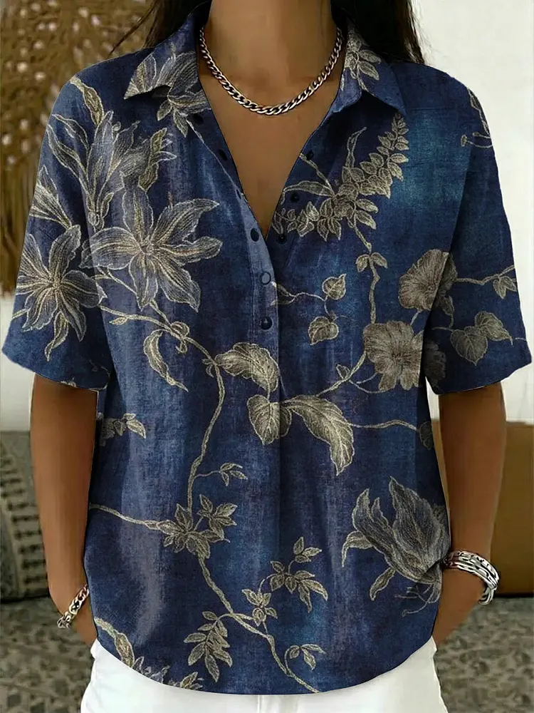 Women's Vintage Floral Pattern Art Print Casual Cotton Linen Shirt