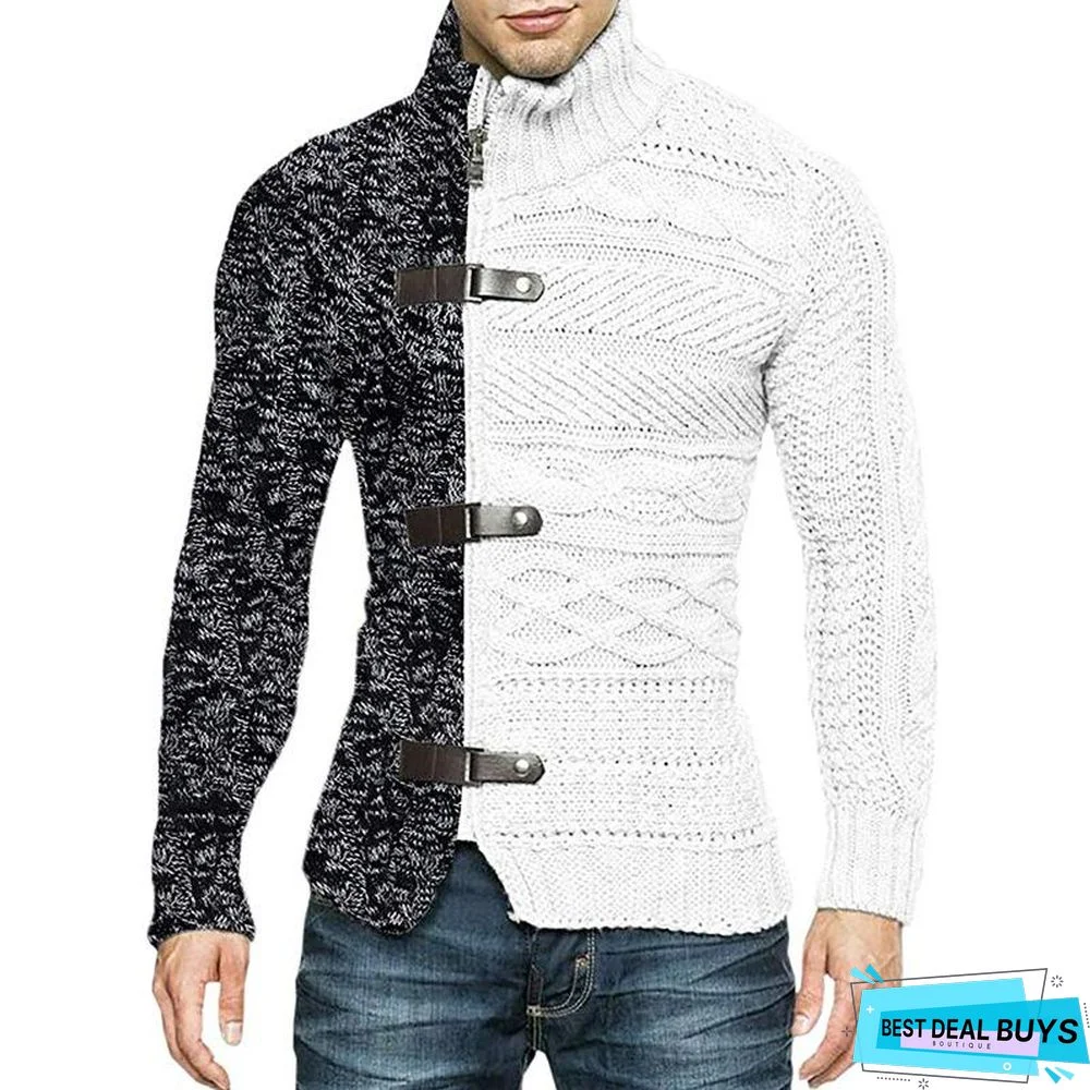 High Neck Sweater Men's Color Matching Leather Buckle Long Sleeve Knitted Cardigan