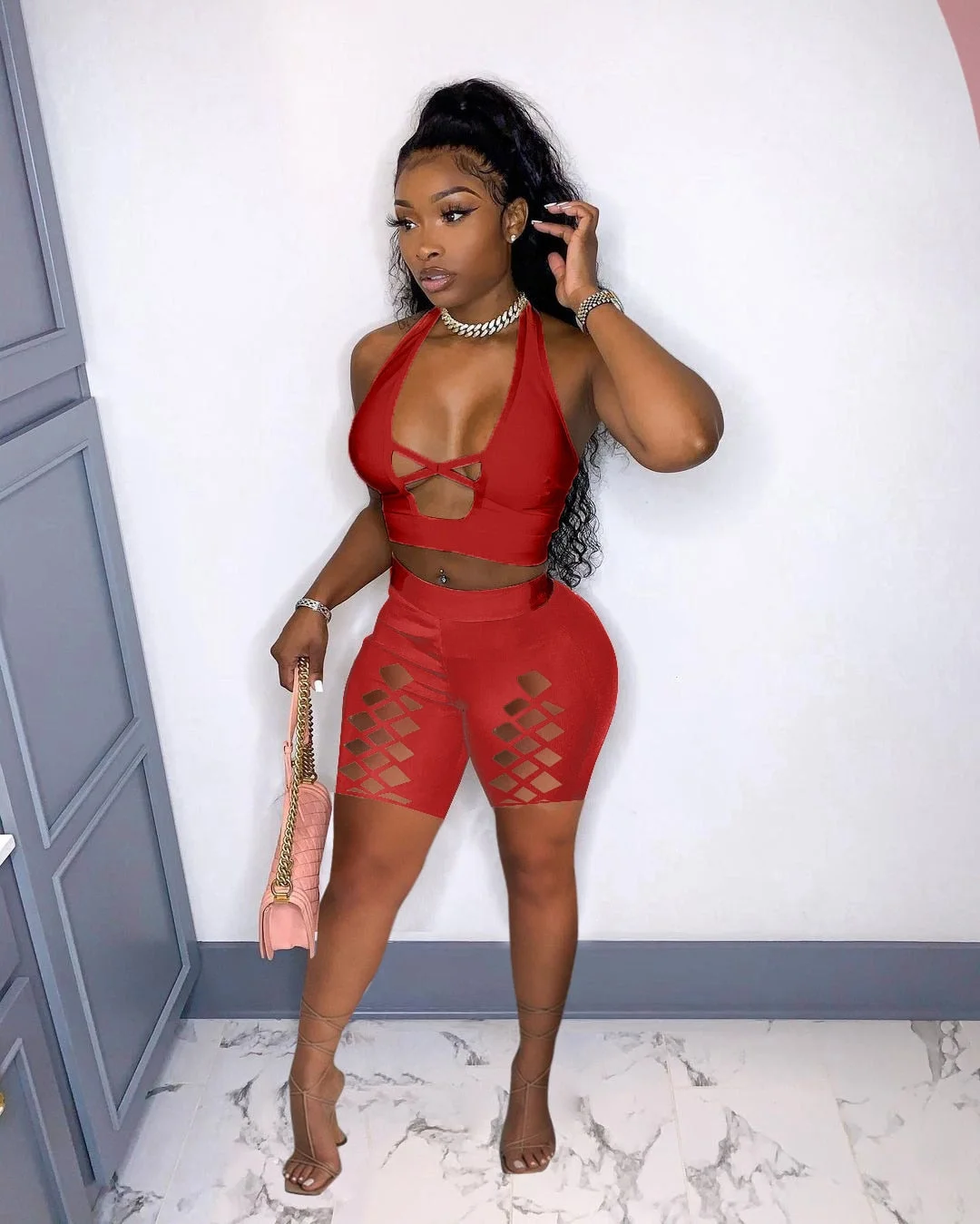 CM.YAYA Women Set Solid Sleeveless Halter Crop Tops Hollow Out Stretchy Shorts Two 2 Piece Sets Sexy Tracksuit Summer Outfits