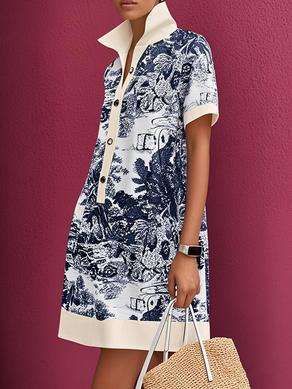 Loose Short Sleeves Buttoned Contrast Color Pockets Stand Collar Mini Dresses GRAY-M
