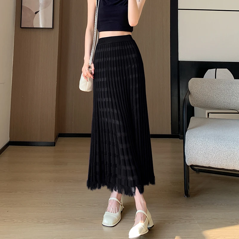 Korytires costume ideas women Spring Summer Knitted Pencil Skirt Women High Stretch Midi Slim Skirts Woman Hollow Out Pleated Skirt with Linning
