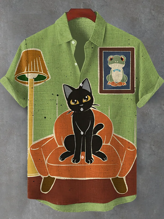 Men's Black Cat Couch Illustration Print Short Sleeve Shirt