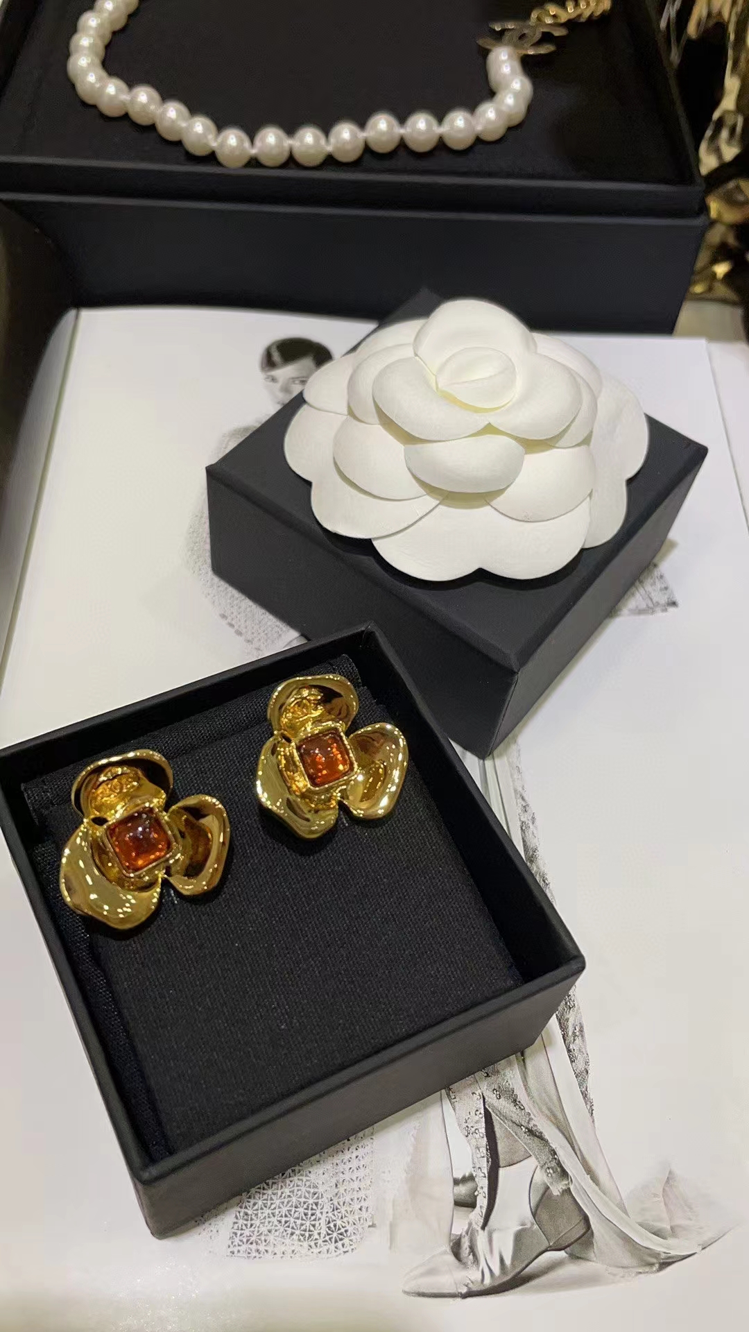 Buy replica Chanel Gold Camellia Stud Earrings and replica jewelry from PICKS Jewelry