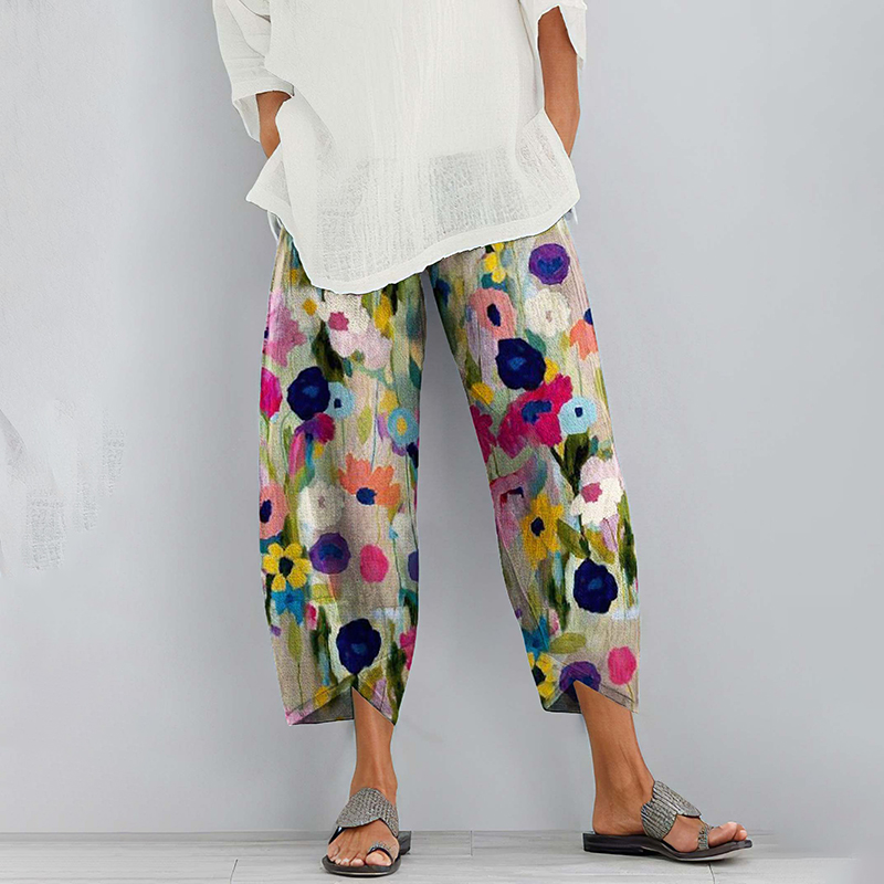 Women Vintage Colorful Floral Art Printed Pocket Casual Pants