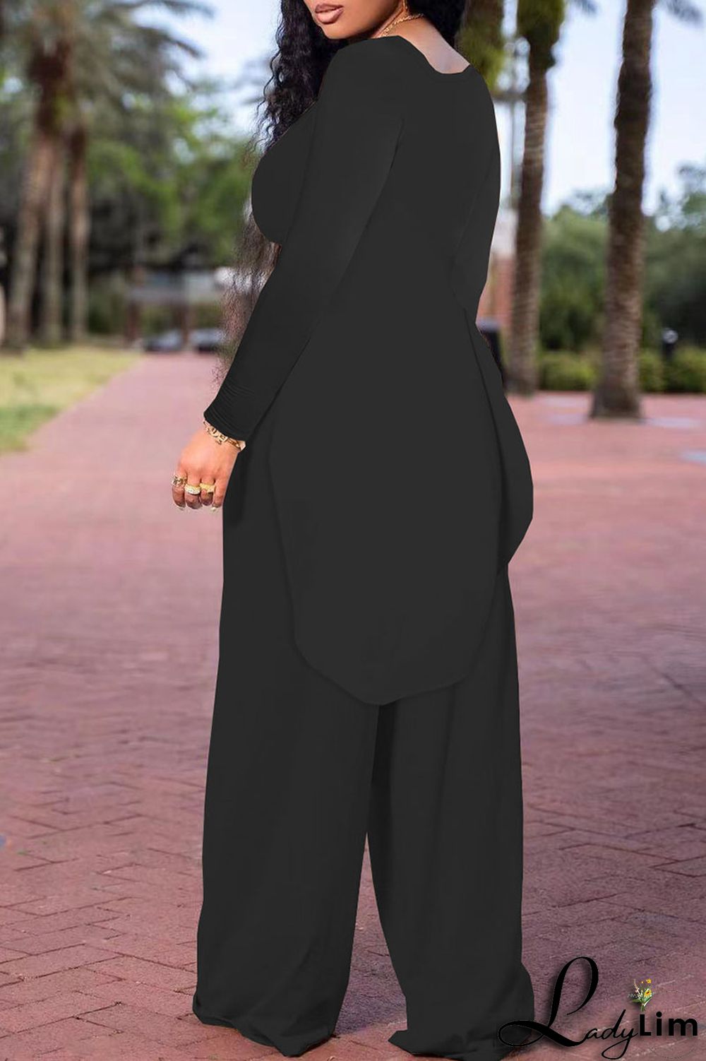 Black Casual Solid Patchwork Slit O Neck Plus Size Two Pieces