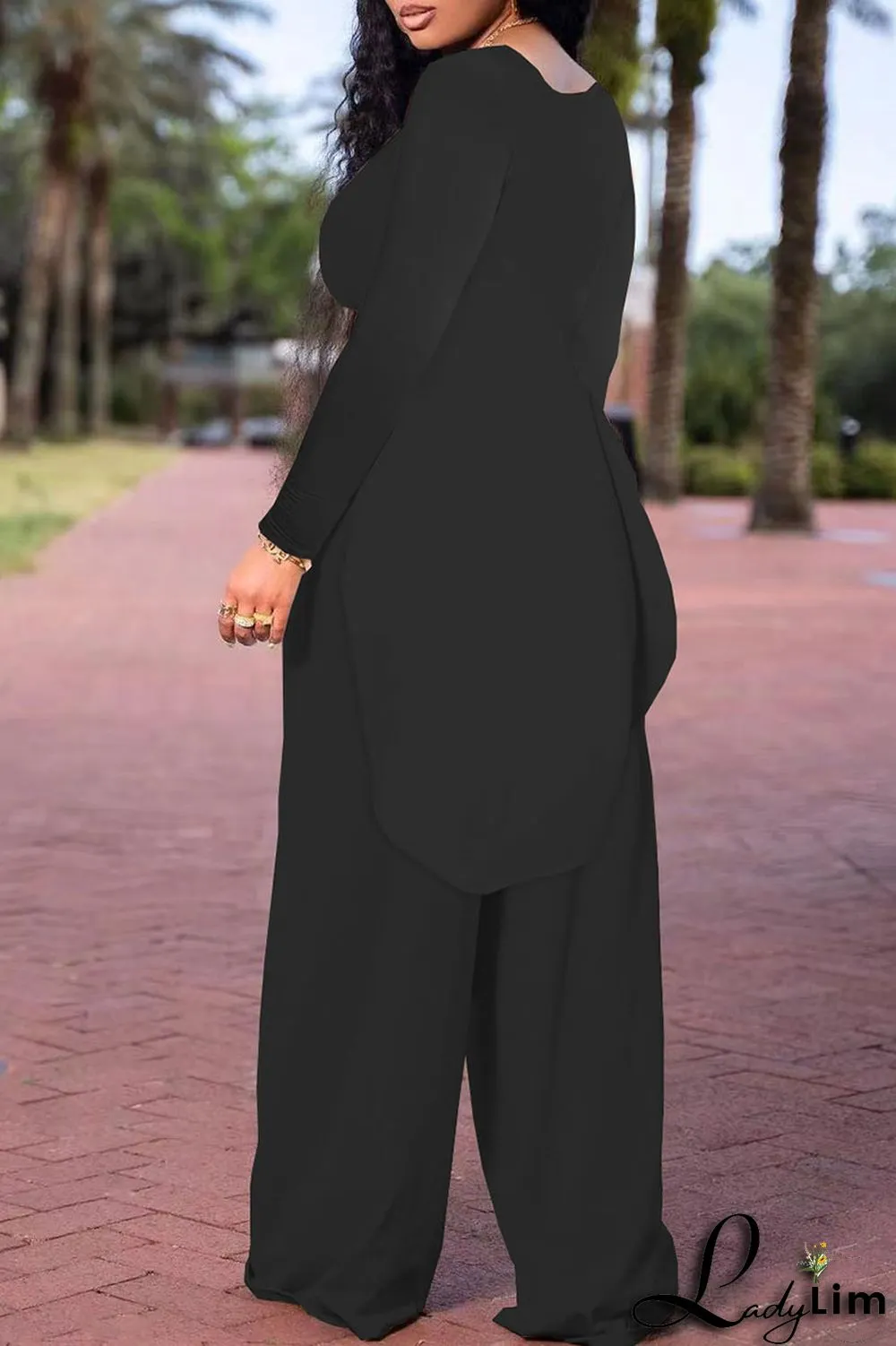 Black Casual Solid Patchwork Slit O Neck Plus Size Two Pieces