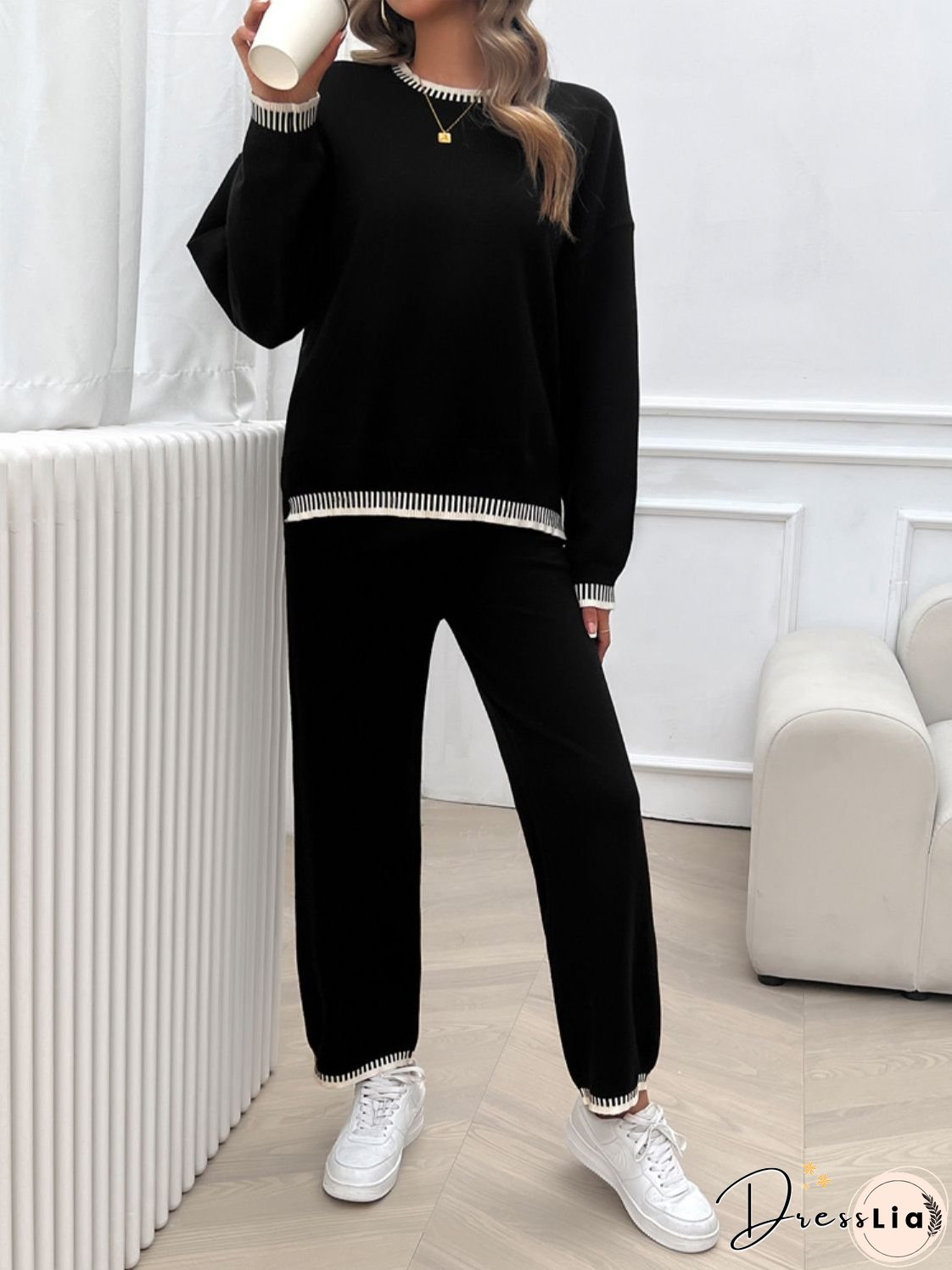 Round Neck Dropped Shoulder Top and Pants Sweater Set