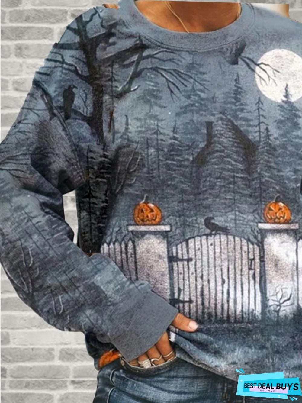 Halloween Light Blue Crew Neck Printed  Outdoor Sweatshirt