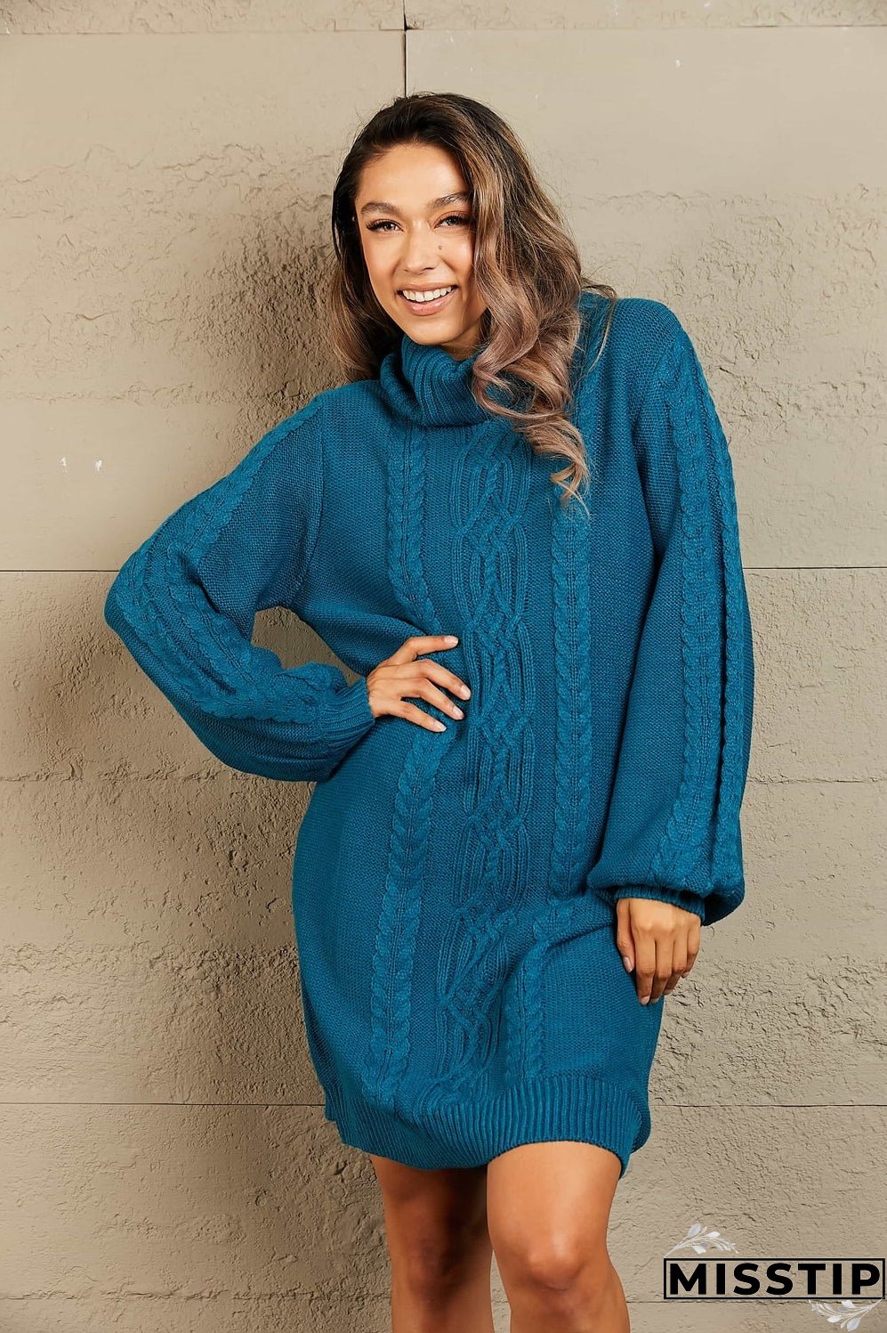 Woven Right Mixed Knit Turtleneck Lantern Sleeve Sweater Dress