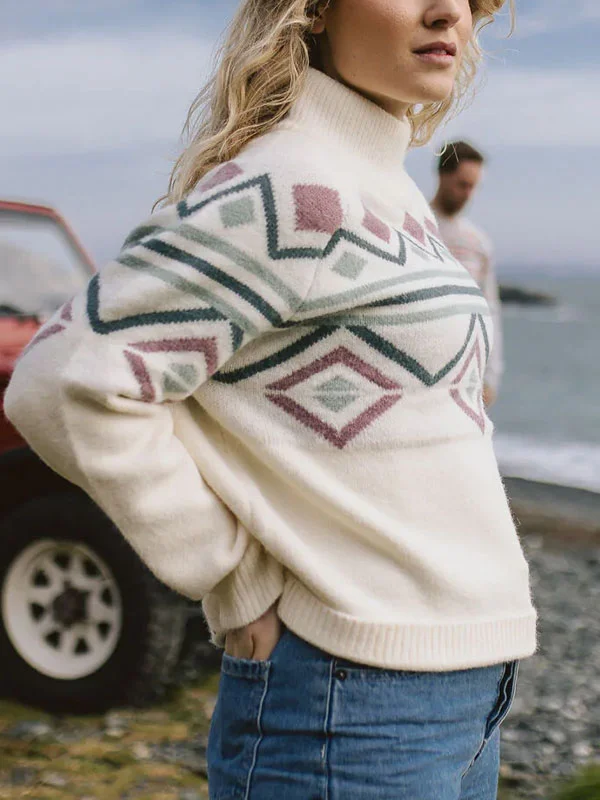 Geometric pattern outdoor color blocking sweater for women