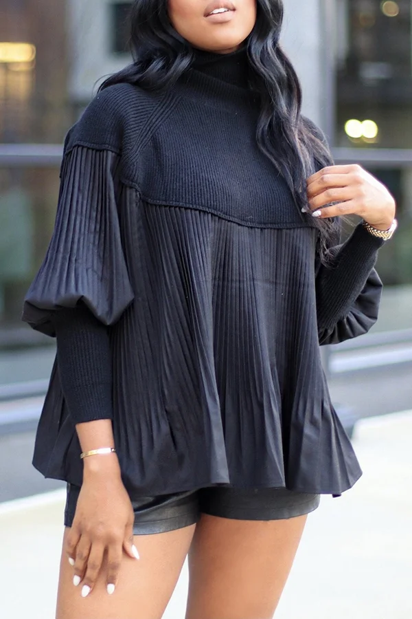 Casual Turtleneck Knitted Patchwork Pleated Sweater
