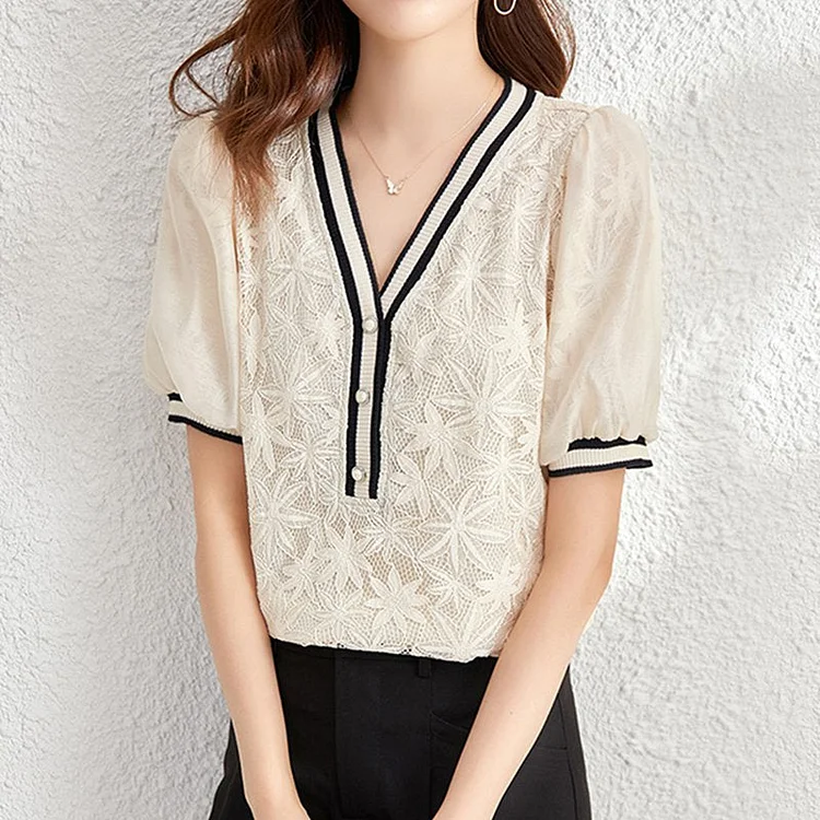 Apricot Short Sleeve Lace Shirts & Tops QueenFunky