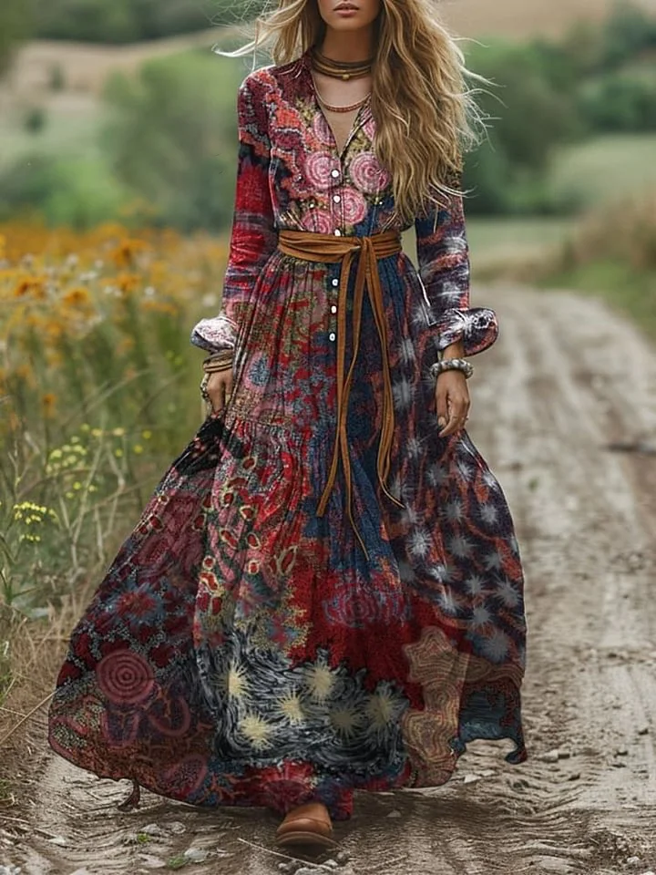 Women's Shirt Collar Art Painting Print Pocket Long Sleeve Cotton Dress