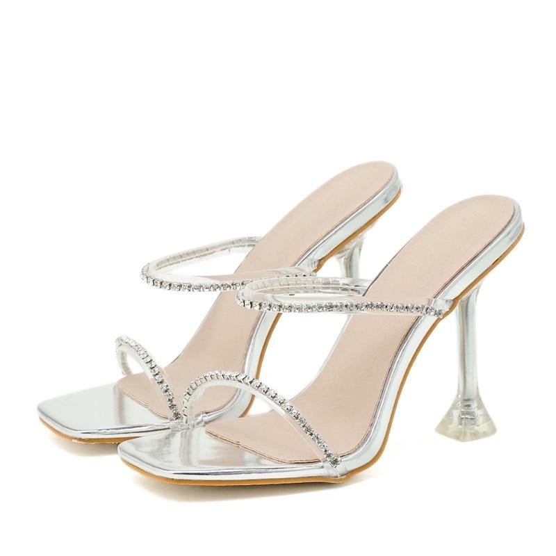 Women's Slippers Fashion PVC Transparent Rhinestone Slides Clear Heels Wedding Shoes